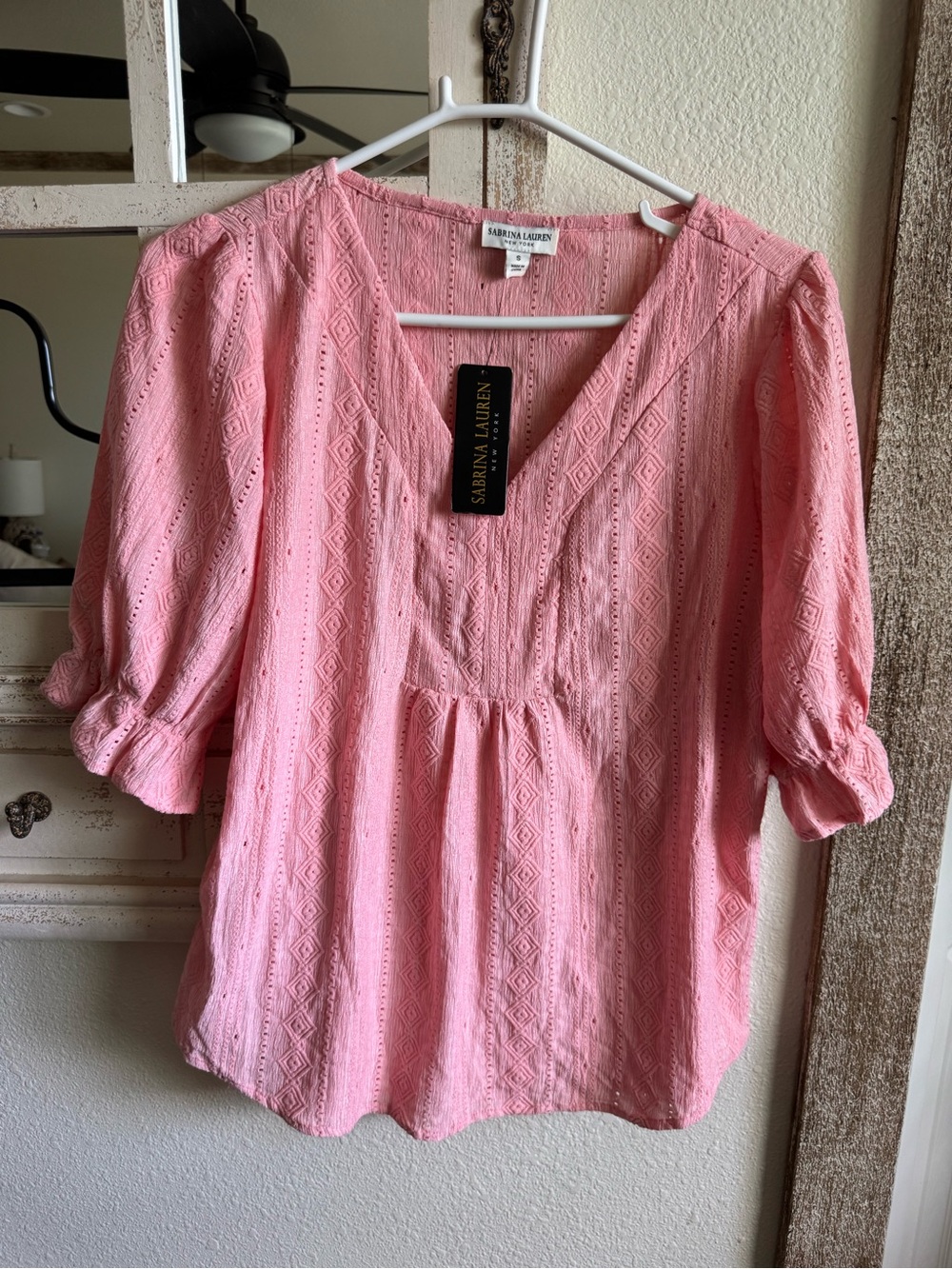 Sabrina Lauren Pink Textured Boho Peasant Blouse Size Small NWT Cottagecore